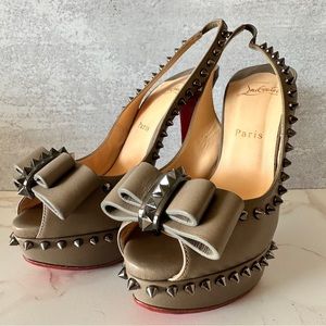 Christian Louboutin Lady Clou 150 Spikes Taupe/Gunmetal Open Toe Heels | 39